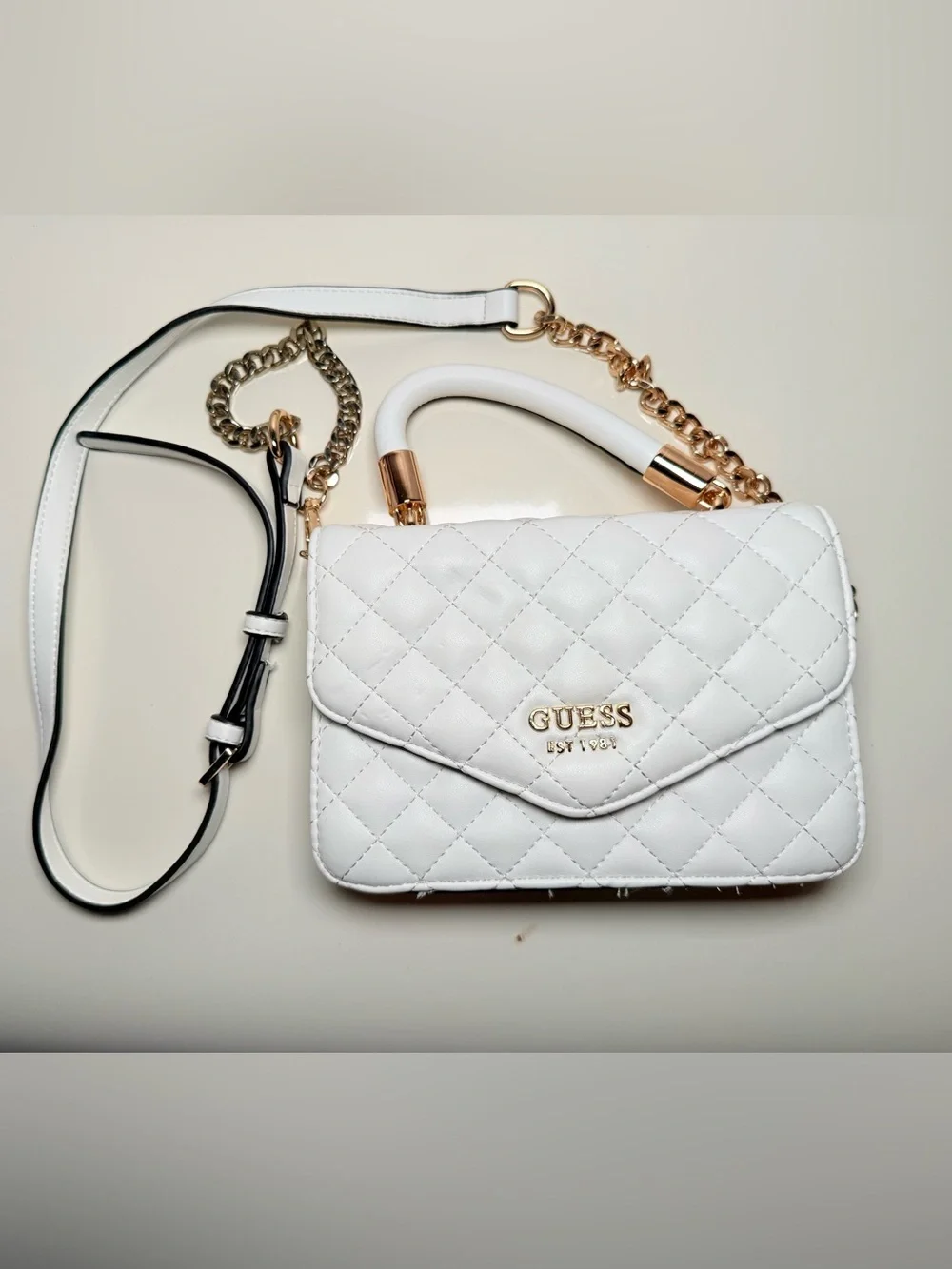 GUESS White Quilted Crossbody with Gold Chain Accents